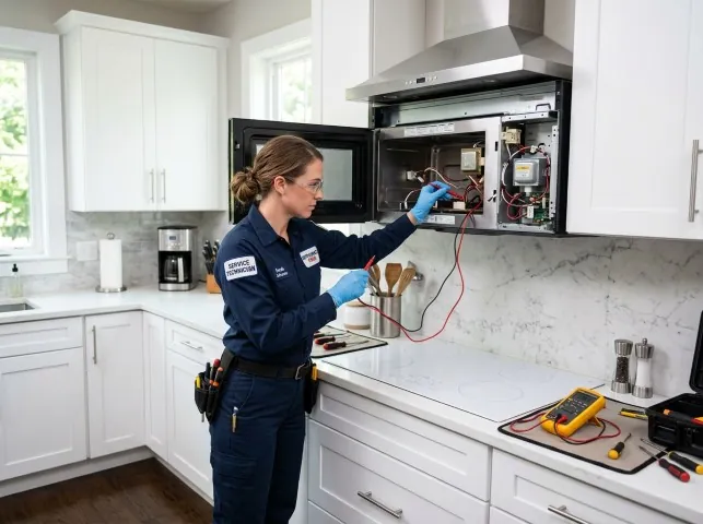 Appliance Repair Hero technician testing an over-the-range microwave in a Algodones, NM kitchen